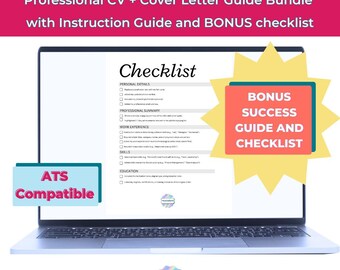 May include: A laptop computer screen displaying a checklist for creating a professional CV and cover letter. The checklist includes sections for personal details, professional summary, work experience, skills, and education. A yellow starburst with the text "BONUS SUCCESS GUIDE AND CHECKLIST" is in the upper right corner of the screen. The laptop is on a white background.