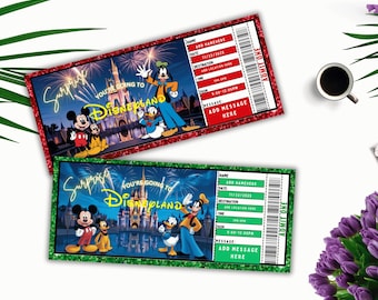 Disneyworld-ticketsjabloon afdrukbare verrassingspas – bewerkbaar vintage Disney-reiscadeaubon, Canva-ticket direct downloaden