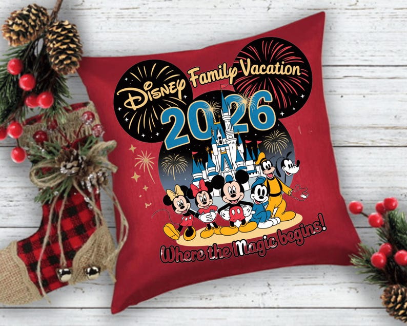 May include: Red decorative pillow featuring Disney characters and the text "Disney Family Vacation 2026". The pillow has a design of Mickey Mouse, Minnie Mouse, Goofy, and Donald Duck in front of a castle with fireworks.