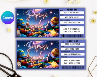 Editable Theme Park Ticket Template, Surprise Vacation Reveal (Canva Download)