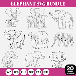 May include: An illustration bundle featuring 9 different elephant designs in black and white. The designs include full body views, family groups, and cartoon-style elephants. The text "ELEPHANT SVG BUNDLE" is at the top, and file type icons are at the bottom.