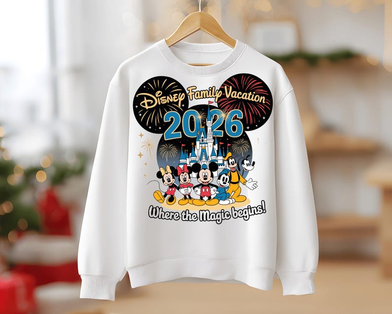 May include: White sweatshirt featuring a Disney Family Vacation design for 2026. The graphic includes Mickey, Minnie, Donald, Goofy, and a castle, with the text "Where the Magic begins!" and fireworks.