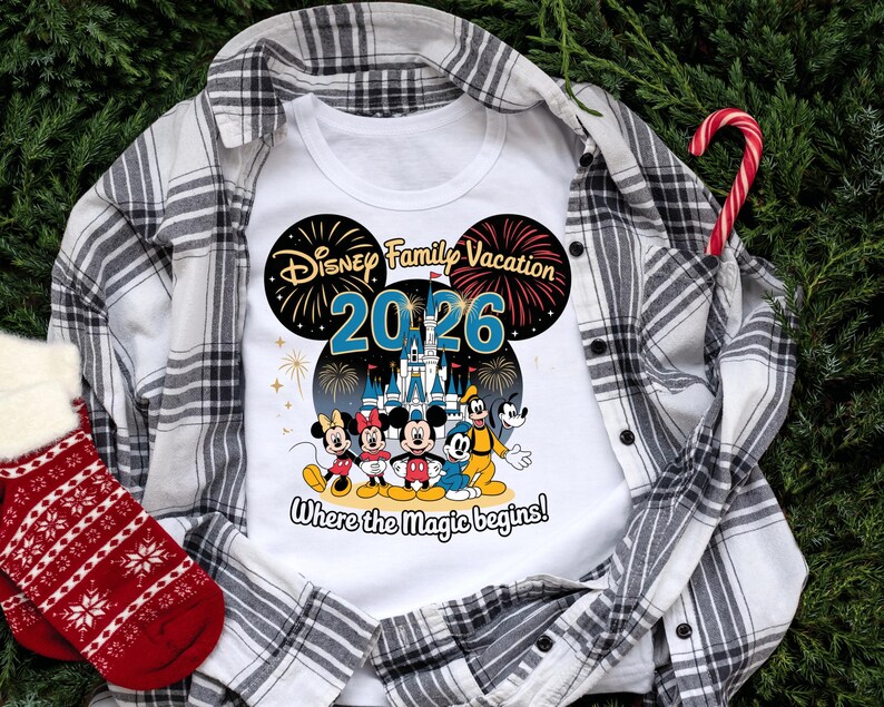 May include: White t-shirt with a Disney Family Vacation 2026 graphic featuring Mickey, Minnie, Donald, Goofy, and Pluto in front of a castle. The shirt is layered over a black and white plaid shirt, with a red and white Christmas stocking and a candy cane.