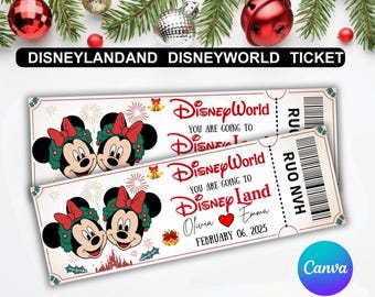 Entrada para Disneyland y Disneyworld / Entrada imprimible estilo vintage, regalo sorpresa editable en Canva, revelación de viaje a parques temáticos