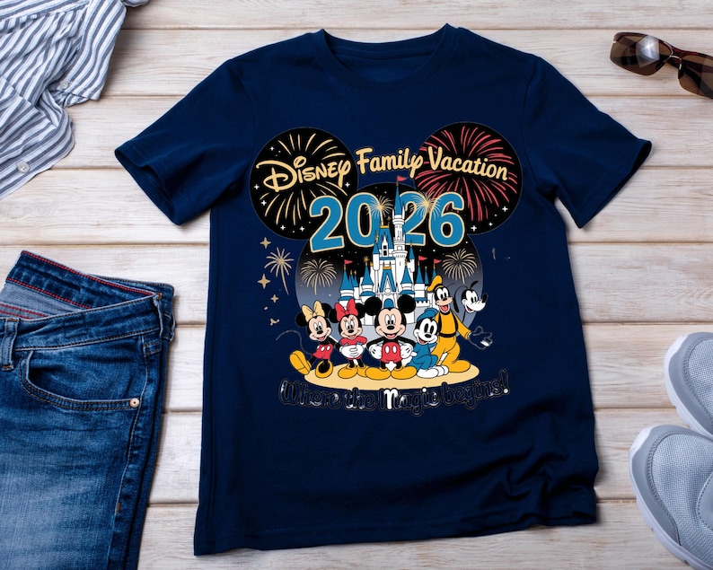 May include: Navy blue t-shirt featuring a Disney Family Vacation design for 2026. The graphic includes Mickey, Minnie, Donald, Goofy, and fireworks. The text "Where the magic begins!" is also included.