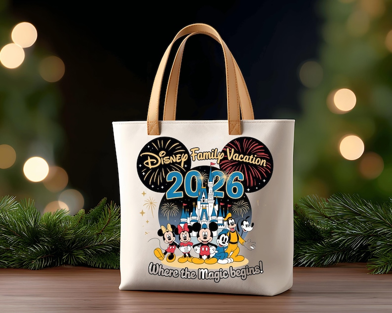 May include: Cream-colored tote bag with brown handles featuring a Disney Family Vacation design. The design includes Mickey Mouse, Minnie Mouse, Donald Duck, and Goofy, with the text "2026" and "Where the magic begins!"