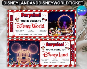 Ticket Disneyland en Disneyworld – afdrukbaar vintage ticket | Bewerkbaar ticket voor verrassingscadeau direct download