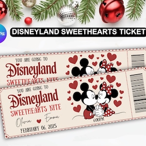 May include: Two Disneyland Sweethearts Nite tickets with Mickey and Minnie Mouse illustrations. The tickets are cream-colored with red accents, hearts, and the date February 06, 2025. The tickets are decorated with Christmas ornaments and greenery.
