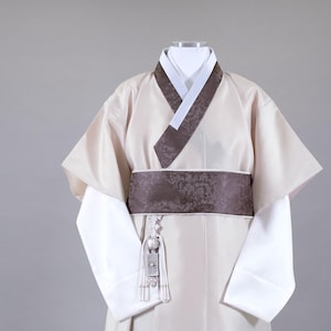EMH006 l Midnight Crane Traditional Man Hanbok in Beige | Traditional Hanbok for Wedding and Korean Dol
