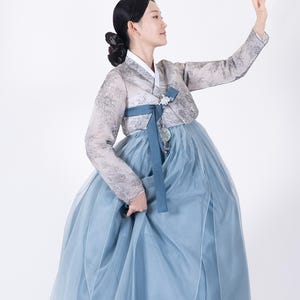 EWH016 | Bloesem sintels traditionele vrouw Hanbok in staalblauw | Traditionele Hanbok-jurk voor bruiloft en Koreaanse Dol