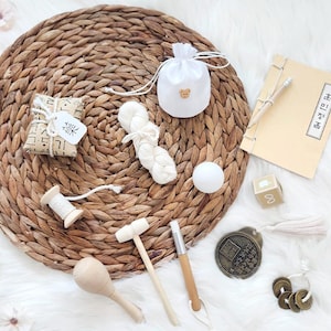 Wooden Blessings Doljabi 12 Items in a Set with a Small Signage | Korean First Birthday Celebration Kit