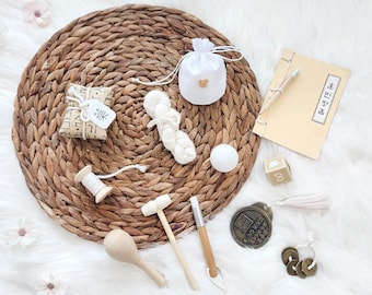 Wooden Blessings Doljabi 12 Items in a Set with a Small Signage | Korean First Birthday Celebration Kit