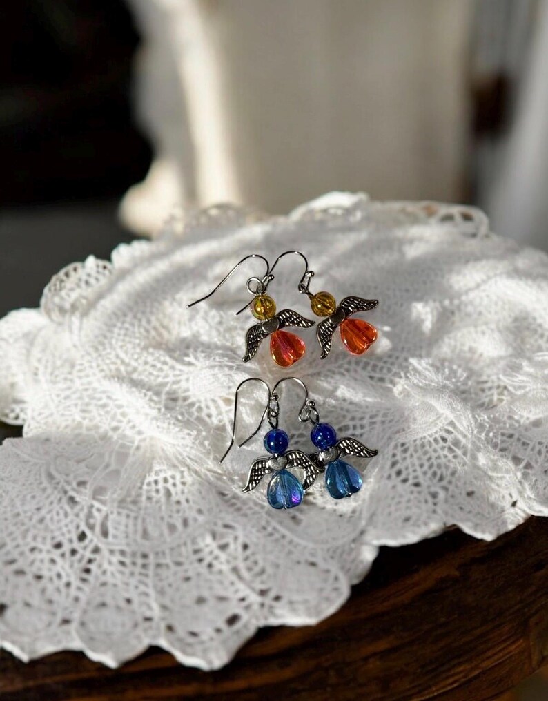 Earrings: Dainty Angel Beaded Dangle Earrings (Orange and Blue) Set (2 Pairs) immagine 2