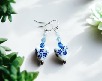 Earrings: Heart Shaped Navy Blue and White Drop Earrings