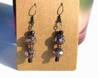 Earrings: Dark Purple Glass Bead with Bronze Fixings Drop Earrings