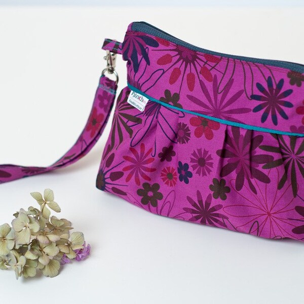 Free shipping. Pleated colorful mauve wristlet pouch with flowers and a teal satin touch. OOAK.