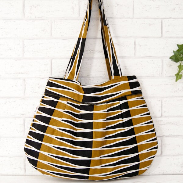 Pleated Tote bag. Geometric mustard and black pattern, OOAK