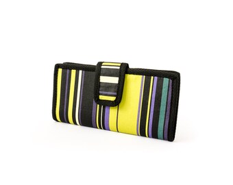 Two fold Wallet. Water resistant. Stripes in green, black, purple, teal. 6 card slots, 2 wide slots, 2 zipper pockets.