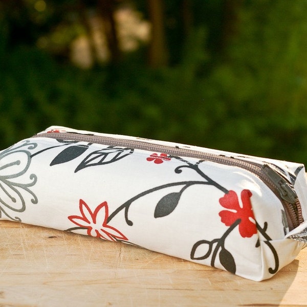 Red and Grey Flourish Pencil Pouch. Made to order.