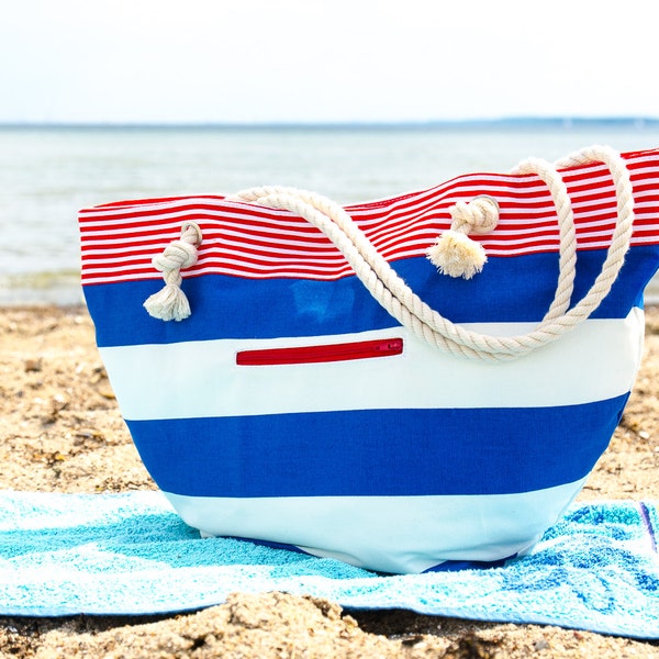 The Summer Beach Bag, Nautical Large tote bag, Carry all bag. Stripes in navy blue, white and red. Everyday purse. Strandtasche