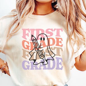 First Grade Teacher Shirt, Fall Teacher Appreciation Gift, Halloween Teacher Shirt, Cute Ghost Teacher Halloween Shirt, Retro Halloween Tee