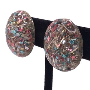 Vintage 50s Confetti Lucite Earrings 1950s Screwback 1 Round Button image 3