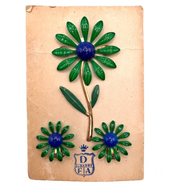 NOS Vintage Enamel Flower Pin & Earrings on Orig Card Clip DuBarry Du Barry Green Blue Enameled 60s 1960s