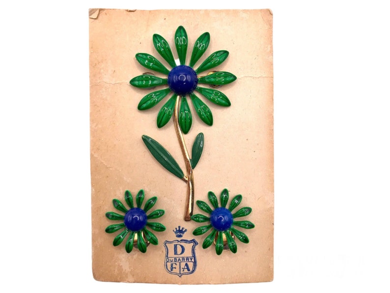 NOS Vintage Emaille Bloem Pin & Oorbellen op Orig Card Clip DuBarry Du Barry Groen Blauw Geëmailleerd jaren '60 jaren 1960 afbeelding 1