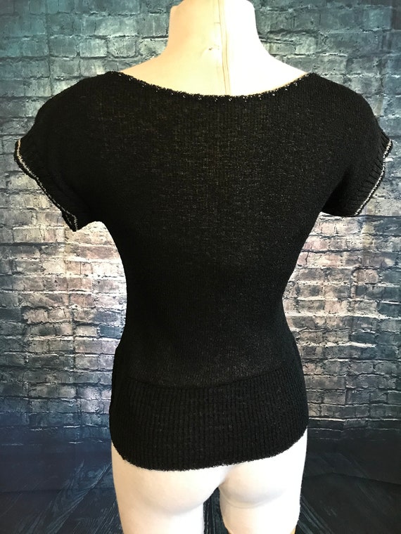 Vintage 40s Sweater Beaded Rhinestones S Black - image 5