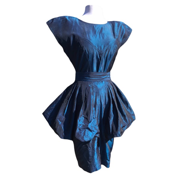 1980s Karen Alexander Peplum Dress Blue Taffeta 34-36 bust 27 waist 80s New Wave Shoulder Pads