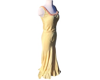 1930s Bias Cut Dress Vintage 30s Butter Silk Satin Belted 34” bust 30” waist 58” length side snaps Harlow