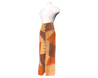 Jaren '70 Vintage Patchwork Suede Maxi Rok Metalen Snaps 27" taille 36" heupen 36" lengte Rich Hippie Boho Festival