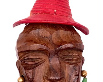 Zeldzame Elzac Face Broche Pin Hout Houten Grote Celluloid Ketting Jaren 40 40 Afrikaanse Native