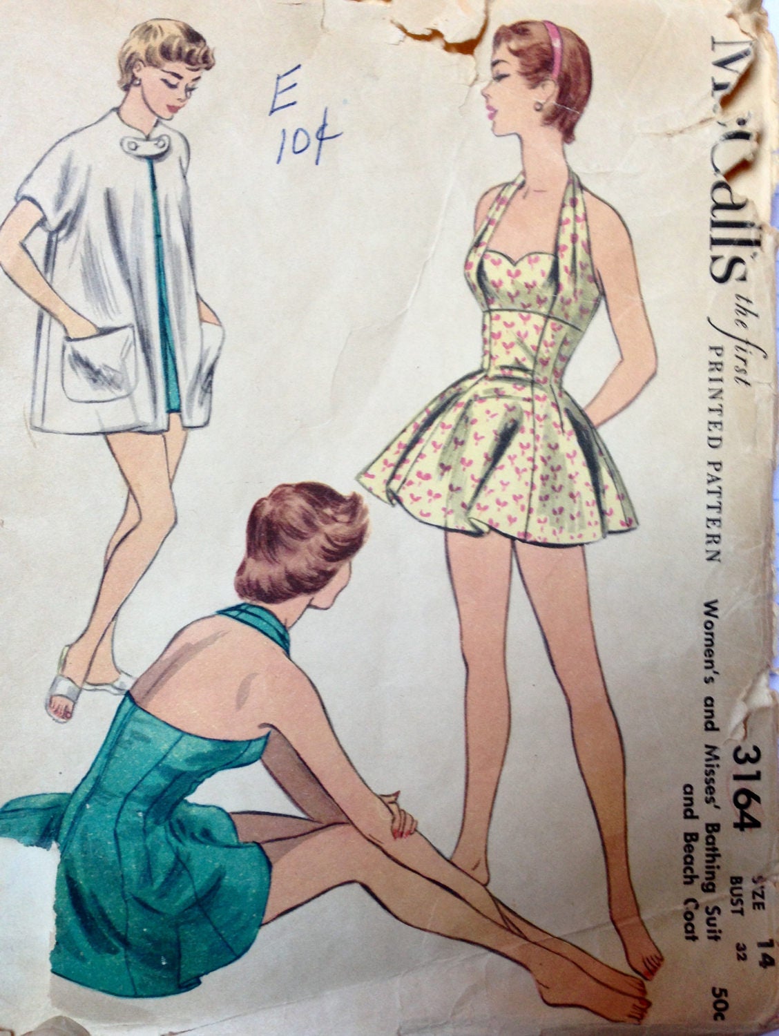 Vintage 50s Swimsuit Pattern Mccalls 3164 Halter 1950s Bathing Etsy