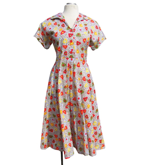 Vintage 50s Novelty Print Cotton Day Dress Atomic… - image 2