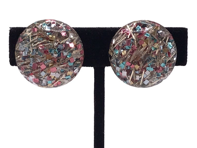 Vintage 50s Confetti Lucite Earrings 1950s Screwback 1 Round Button image 1