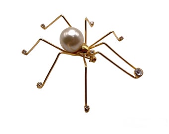 Vintage Spider Pin Daddy Long Leg Pearl Bead Rhinestones Large 3”