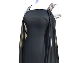 Glorious 50s 60s Chiffon Train Column Dress Beaded Straps S Black