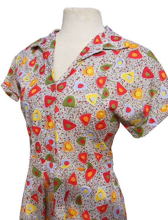 Vintage 50s Novelty Print Cotton Day Dress Atomic… - image 1