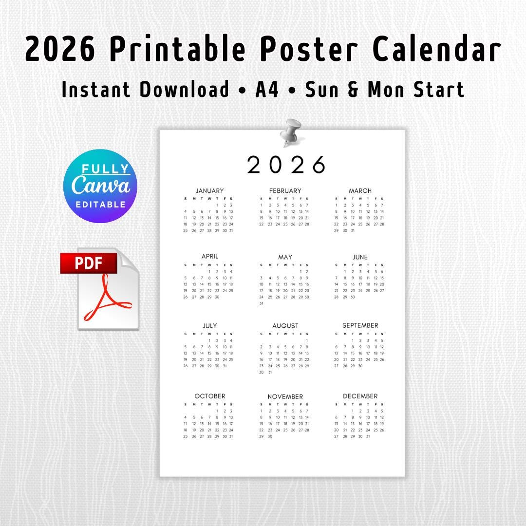2026 Calendar, Printable, A4 Size, Instant Digital Download, Minimalist