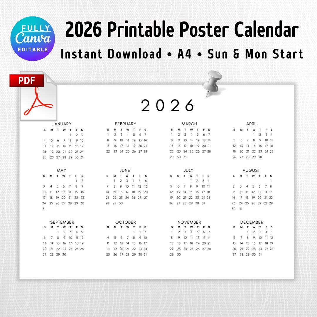 2026 Calendar, Printable, A4 Size, Instant Digital Download, Minimalist