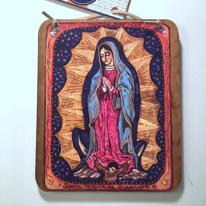 Catholic art Mexican folk art wood wall plaque Our lady of Guadalupe christian religious gift Retablo spanish colonial art mexican folk art