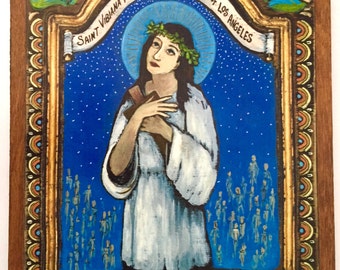 St Vibiana Spanish Colonial Art Catholic art retablo for Los Angeles  Santo Patron Saint mexican folk art by ann burt