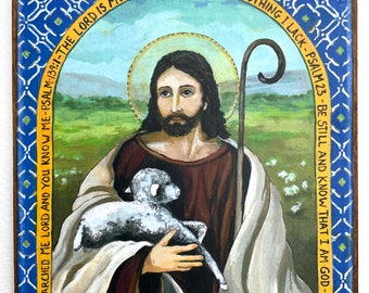 Jesus The Good Shepherd retablo wooden plaque Christmas gift Catholic art Spanish colonial Christ our King print