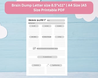 May include: A printable brain dump planner with sections for big goals, new ideas, to follow through, to buy, research, to make or create, to do list, and top priorities. The planner is designed for A4 paper, 210mm by 297mm.