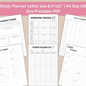May include: A set of printable study planner pages in black and white. The pages include sections for assignment planning, homework tracking, weekly planning, student reading log, and a daily study planner.