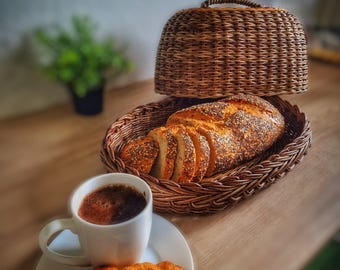 Cesta grande de pão, bandeja para pão e padaria, decoração de cozinha de fazenda, caixa de pão de vime com tampa, presente de inauguração de casa