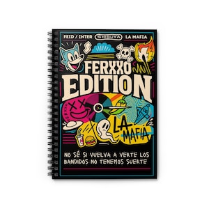 Puede incluir: Cuaderno negro con espiral y diseño gráfico colorido. La portada presenta el texto "FERXXO EDITION" con ilustraciones de gato, calavera y hamburguesa. El cuaderno también incluye texto en español.
