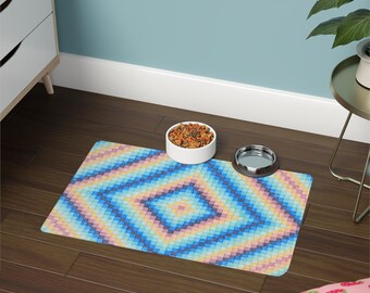 Geometric Pixel Art Pet Food Mat: Non-Slip Dog & Cat Bowl Mat
