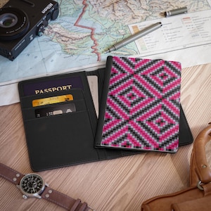 Passport Cover, Funky Passport Cover, Unique Passport Case, Travel Accessory, Pink And Black Passport Holder, Pixel Art, Traveling Wallet